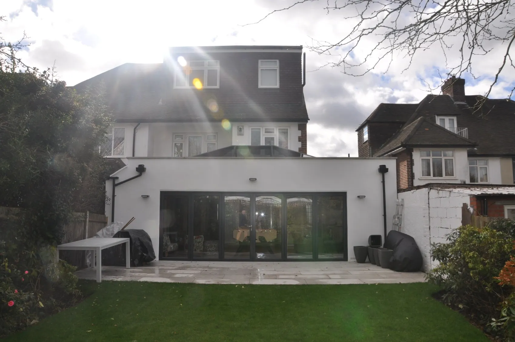 Open-plan kitchen extension with island and skylight